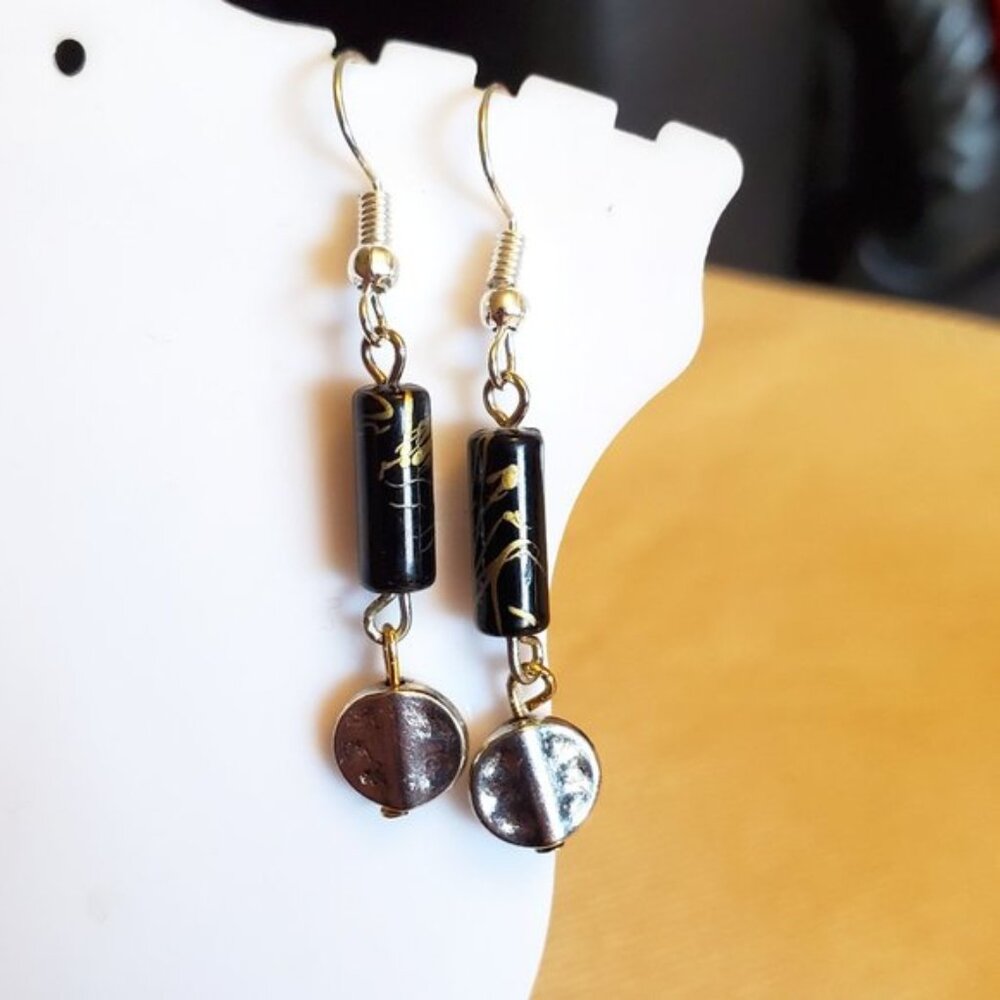 Silver Tone Hook Black and Gold Cylinder Earrings